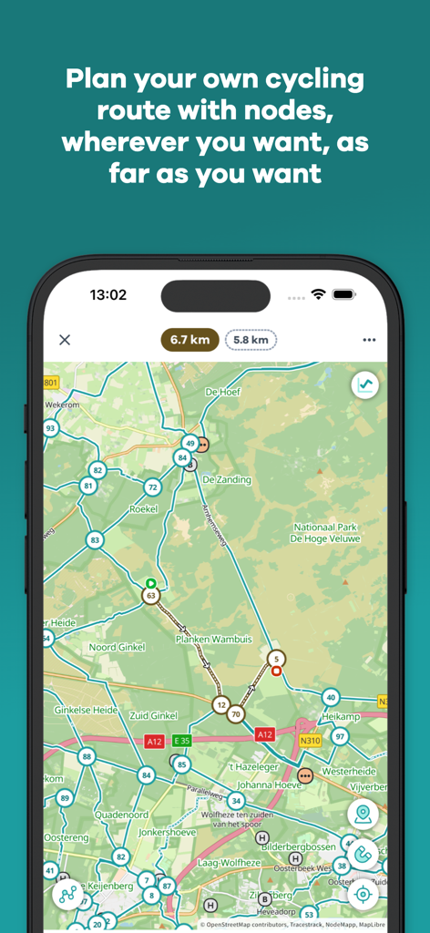 NodeMapp Bike - Map interface of NodeMapp Bike app showing a planned cycling route using numbered nodes in Europe