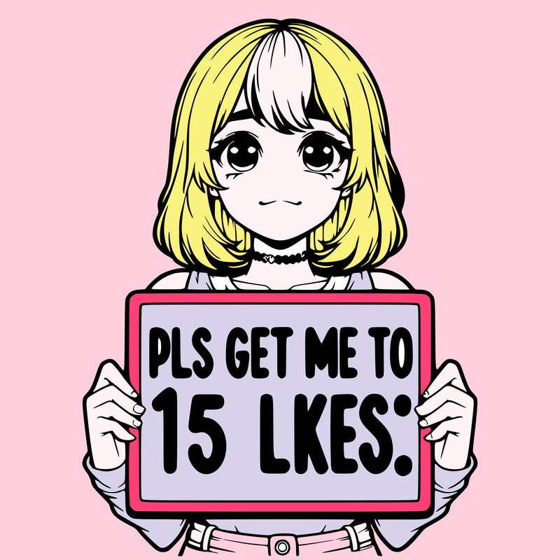 realistic girl holding up a sign that says “pls get me to 15 likes!”