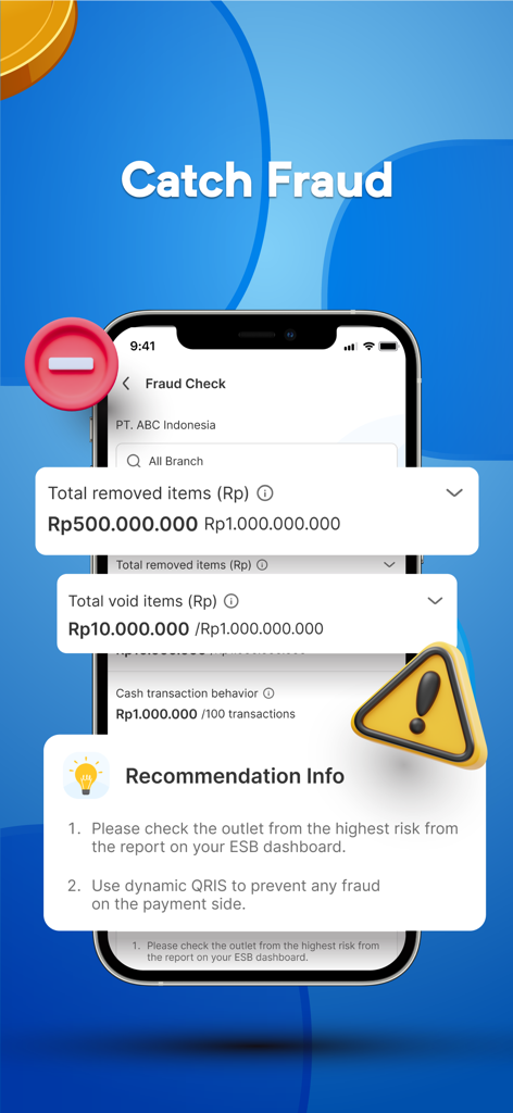OLIN by ESB - A mobile app interface from OLIN by ESB showing fraud detection statistics including removed items and voided transactions with AI business recommendations.