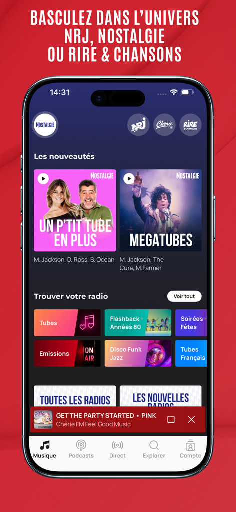 Chérie FM : Radios & Podcasts - 様々なラジオ局と音楽カテゴリを表示するCherie FMアプリのインターフェース。