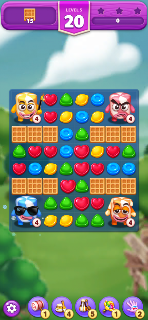 Lollipop2 & Marshmallow Match3 - Gameplay screen of Lollipop 2 and Marshmallow Match 3 showing a puzzle board with colorful candies and marshmallow characters
