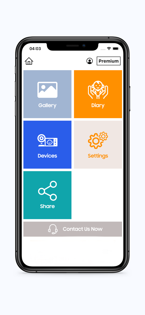 ChillaxCare - Main menu of the ChillaxCare app featuring options for gallery diary devices settings and share
