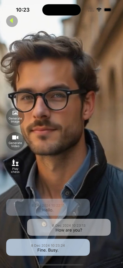 TenderTalk AI Video Calls - Interface of TenderTalk app showing a video call with a male AI companion and chat messages