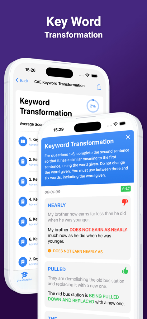 English C1 CAE - Mobile App-Bildschirme, die Cambridge C1 Advanced Schlüsselworttransformationsübungen mit Leistungsfeedback zeigen.