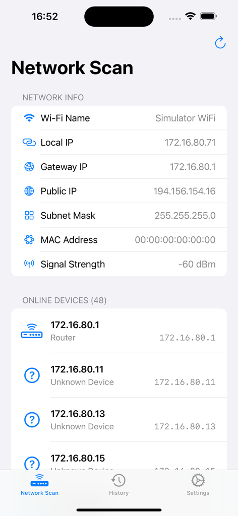 WiFi Guardian – Stop Intruders - WiFi Guardian 앱 인터페이스가 연결된 기기 및 IP 정보가 포함된 네트워크 스캔을 표시합니다.