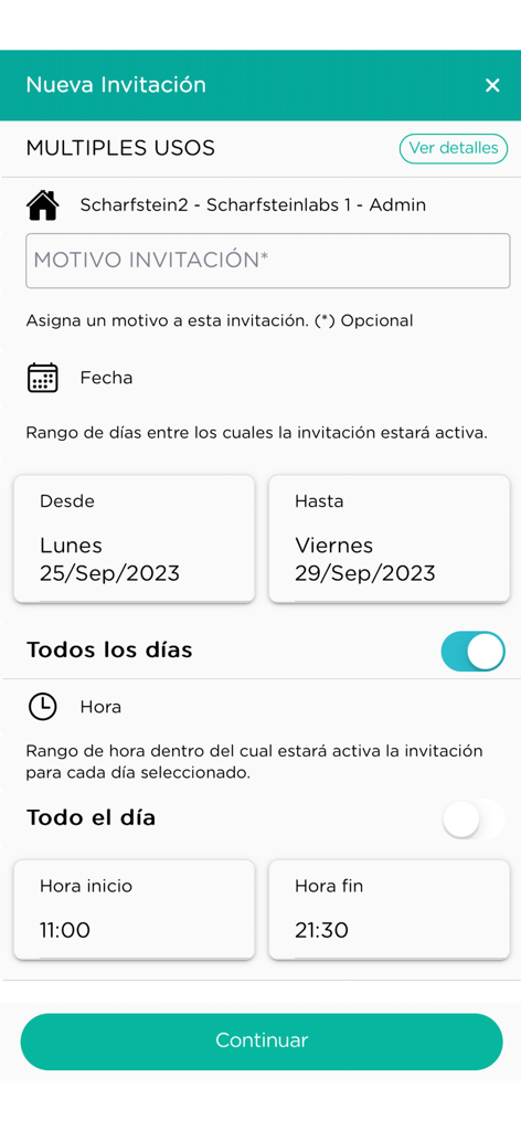 SmartKi Access - Benutzeroberfläche der SmartKi Access App zum Erstellen einer neuen Gäste-Einladung mit benutzerdefinierten Datums- und Zeiteinstellungen