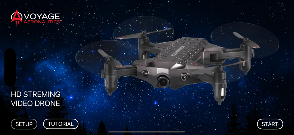 Voyage Aeronautics VA-1000 drone app start screen featuring a quadcopter and a starry night sky background
