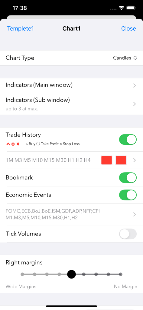 TradeSimuFx - TradeSimuFx settings screen for customizing forex chart indicators trade history and economic events