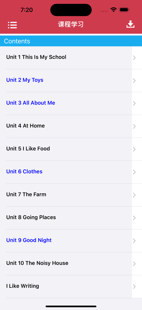Course content menu of the Hats on Top 2 educational app showing various English learning units for children.
