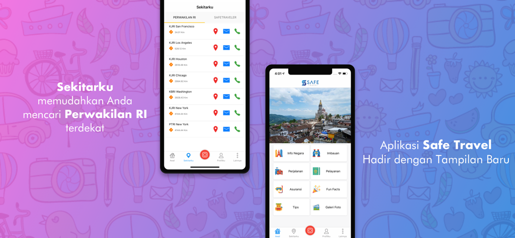 Safe Travel - Interfaz de la aplicación móvil Safe Travel que muestra una lista de consulados y misiones diplomáticas de Indonesia en las principales ciudades de EE. UU. como San Francisco y Los Ángeles.
