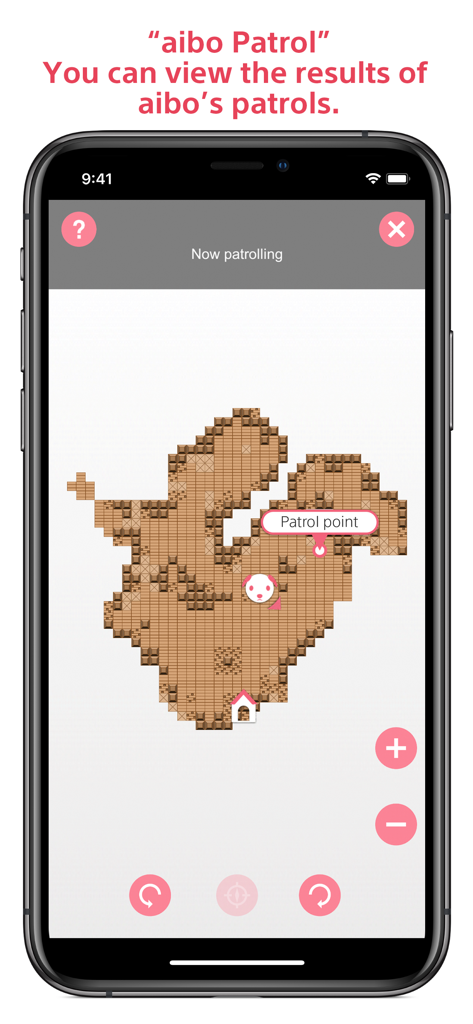 Vista de mapa de la función aibo Patrol en la aplicación My aibo mostrando el camino de un perro robótico a través de una casa.