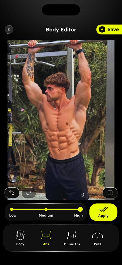 Body Editor: Slim & Muscle App - Interface of the Body Editor app showing a muscular man in a gym with adjustable settings for enhancing abdominal muscles and pecs