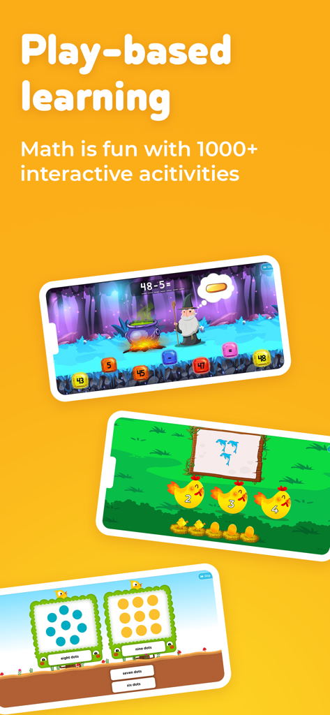Three smartphone screens displaying various interactive math games for children from the Monkey Math app