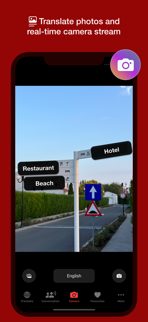 Traducción de cámara en tiempo real de señales de tráfico al inglés en la aplicación Tap Translate.