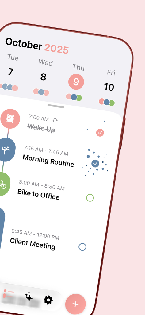 Structured 앱의 미니멀리스트 시각적 타임라인으로, 색상으로 구분된 일일 작업 및 루틴을 표시합니다.