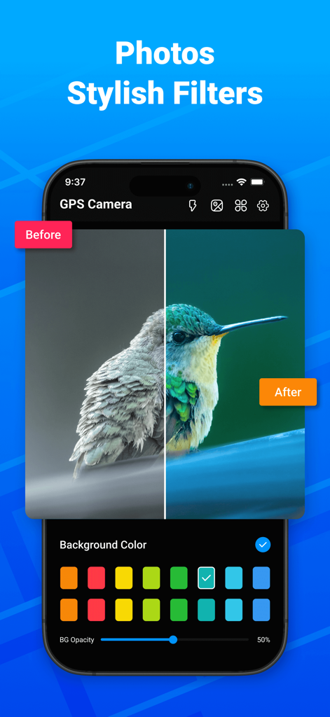 GPS Camera: Stamp Photo Map - Una comparación lado a lado de una foto de colibrí antes y después de aplicar elegantes filtros en la aplicación GPS Camera.