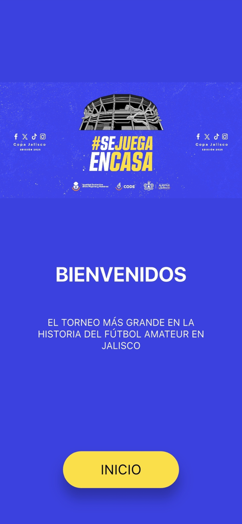 Copa Jalisco - Welcome screen of the Copa Jalisco app for the amateur soccer tournament