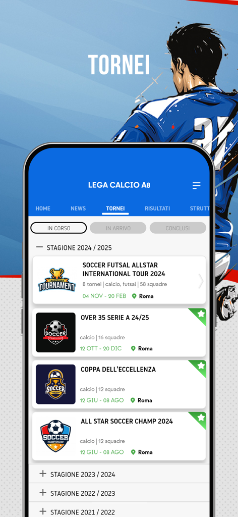 Lega Calcio a 8 - Lega Calcio a 8 app interface displaying a list of soccer tournaments for the 2024-2025 season in Rome.