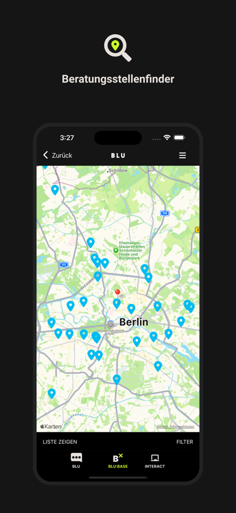 blu:app - A map interface in the blu:app showing local counseling and support centers with blue location pins.