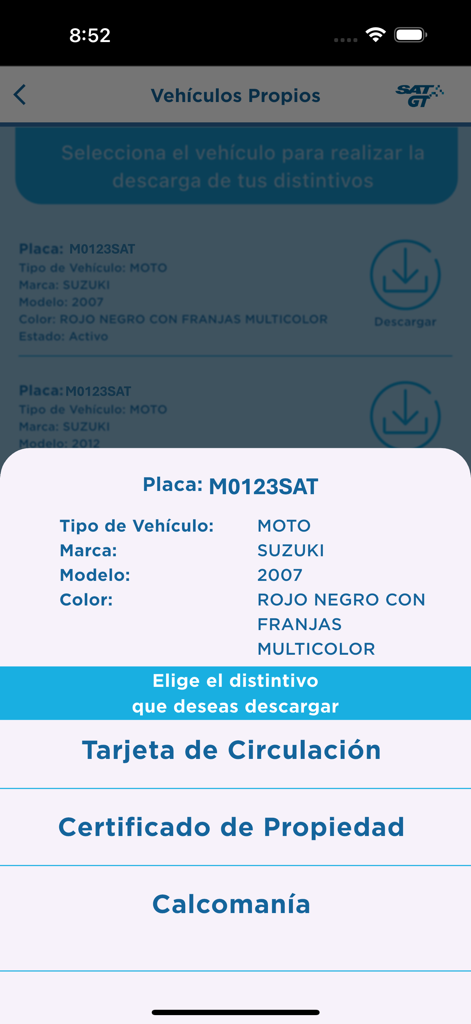 SAT GT - Interface of the SAT GT app showing options to download vehicle registration cards and property certificates for a motorcycle.