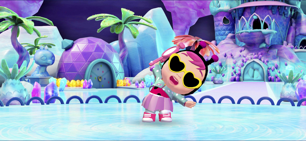 Cry Babies Magic Tears - Un lindo personaje de Cry Babies con gafas de sol en forma de corazón en el mágico paisaje del mundo helado morado