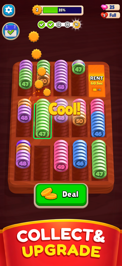 A mobile game screen showing stacks of colorful coins being sorted and merged on a wooden board with a collect and upgrade banner at the bottom