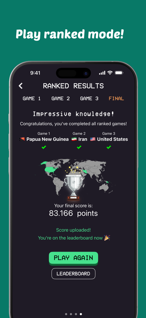 MapGame! - MapGame ranked results screen showing a final score of 83166 points with a trophy icon