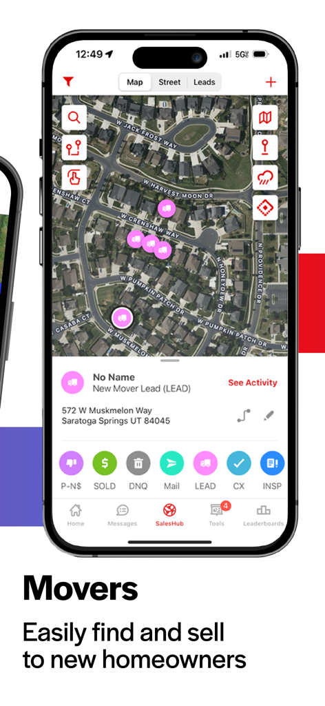 SalesRabbit app interface showing a satellite map with mover lead pins representing new homeowners in a suburban neighborhood.