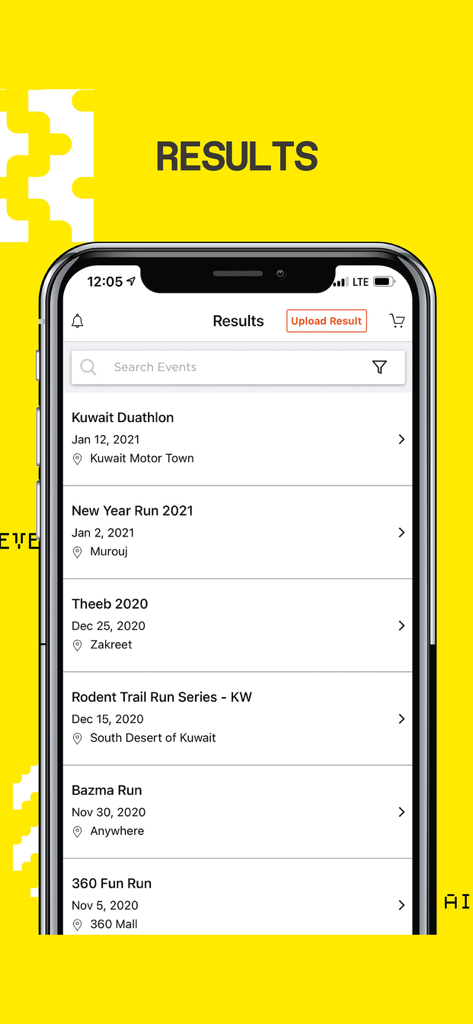 Suffix-سافكس - Suffix app results screen showing a list of past sporting events and races in the Middle East