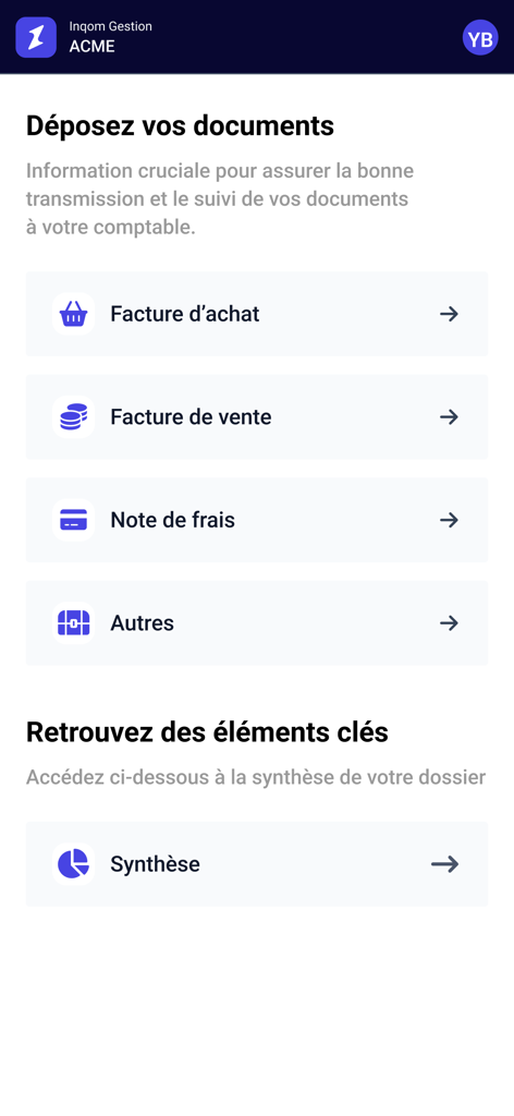 Inqom mobile app interface showing document upload categories like purchase invoices and expense reports