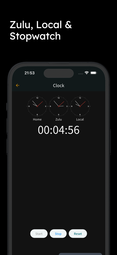 E6B+ E6B Flight Calculator - E6B flight calculator app interface showing Zulu local and home clocks with a digital stopwatch