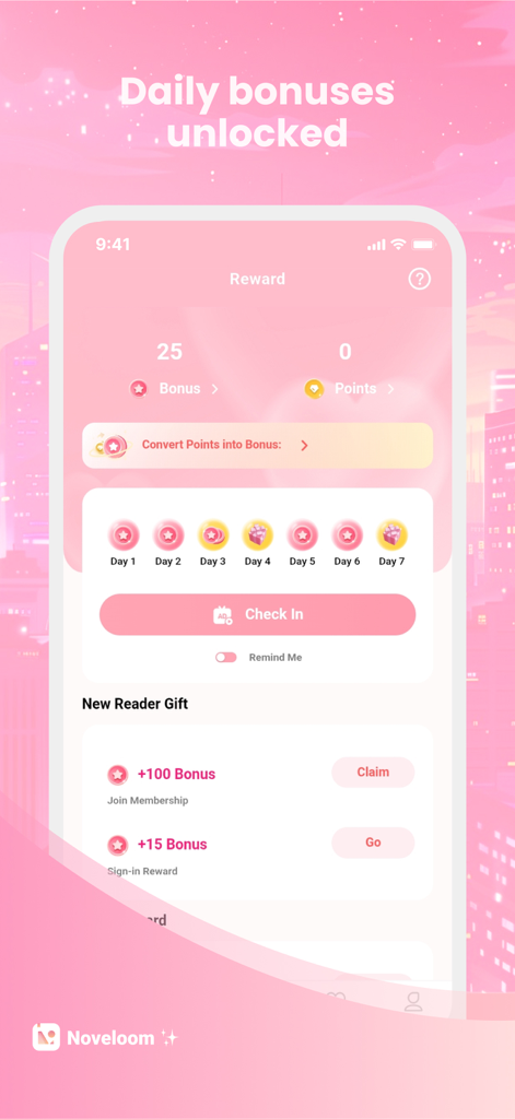 Noveloom app interface showing daily check in rewards and new reader bonus gifts in a pink theme