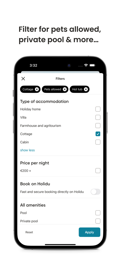 Holidu: Vacation Rentals - コテージなどの宿泊タイプや、ペット可、プライベートプールなどのアメニティを含むバケーションレンタルの検索フィルターを表示するHoliduアプリのインターフェース