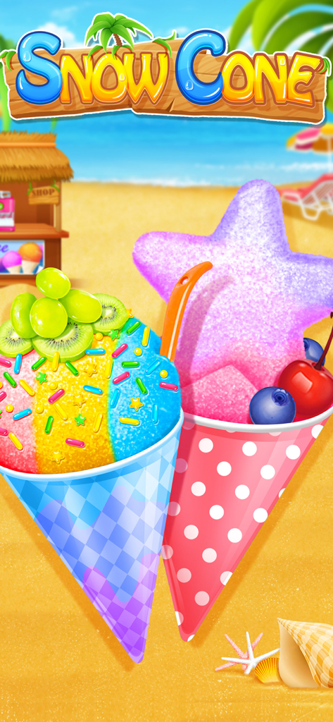Two colorful decorated snow cones in star and round shapes on a sunny beach
