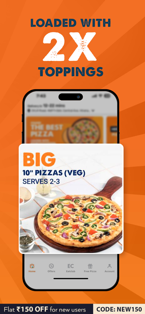 MOJO Pizza: Food Delivery App - Interface de l'application de livraison de repas MOJO Pizza montrant une pizza végétarienne avec 2 fois plus de garnitures et une offre de réduction