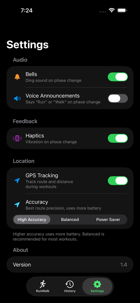 Settings screen of the WalkRun app showing audio, haptic feedback, and GPS tracking options.