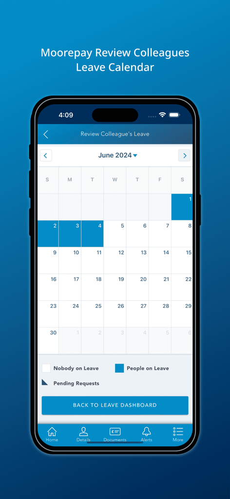 Tela do aplicativo Moorepay mostrando um calendário mensal de licenças da equipe para gerenciamento de funcionários