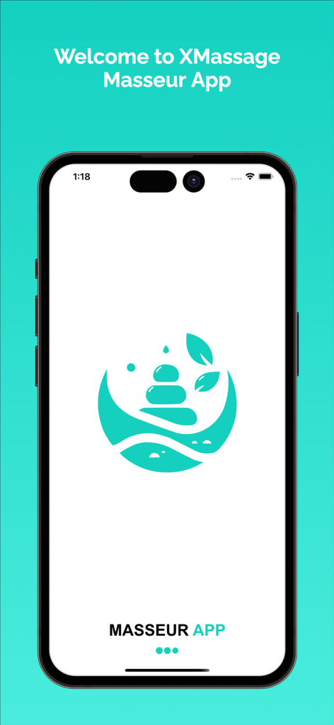 XMassage Masseur - Tela de boas-vindas do aplicativo XMassage Masseur com um logotipo profissional com pedras de bem-estar empilhadas e fundo verde-azulado.