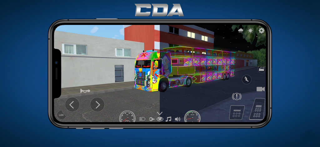 Carreta Da Alegria (Truck) - Mobile game screenshot showing a neon decorated truck in day and night environments