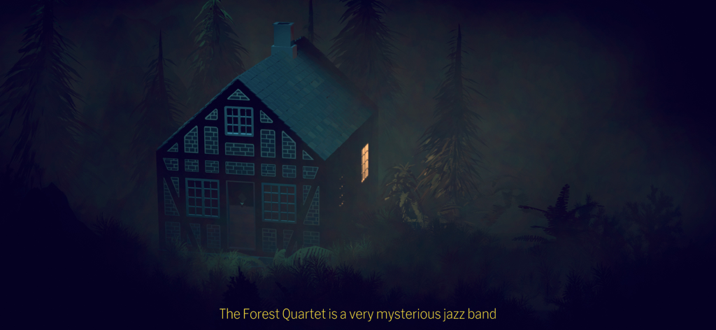The Forest Quartet - A mysterious house lit up in a dark foggy forest from The Forest Quartet game