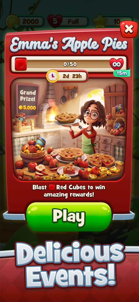 Time Blast: Puzzle Game - Emma holding a fresh apple pie during a special event in the Time Blast puzzle game