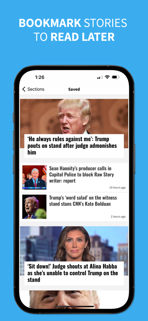 Raw Story - Screenshot of the Raw Story app showing the bookmark stories to read later feature with a list of saved political news articles