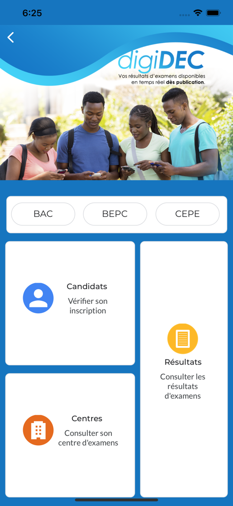 digiDEC - digiDEC mobile app home screen for checking BAC BEPC and CEPE exam results in Congo Brazzaville
