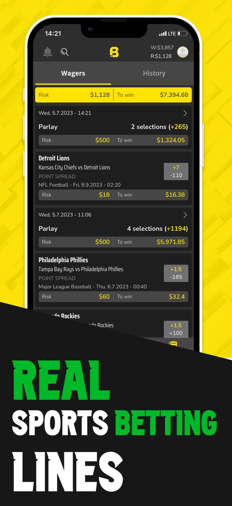 アクティブなパーレーとスポーツベッティングラインを表示するBet On Sportsアプリのインターフェース