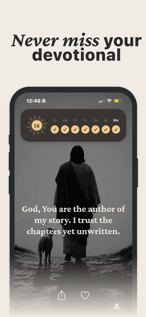 Bible Verse Widget & Prayer - Interface do aplicativo Widget de Versículos Bíblicos com uma sequência devocional e uma citação espiritual