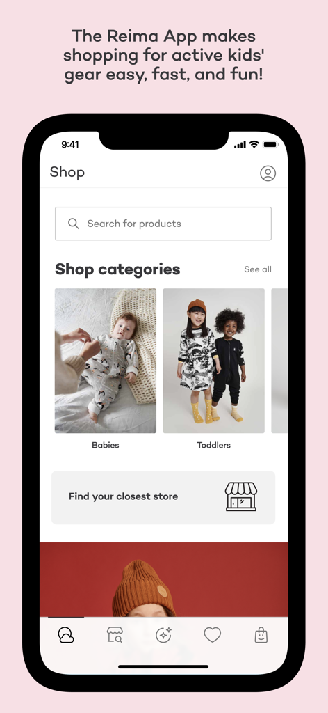 Interface de loja do aplicativo Reima mostrando categorias de roupas para bebês e crianças pequenas.