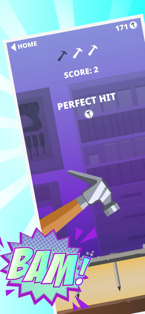 Hammer & Nail - Carpenter Hero - A screenshot of the Hammer and Nail mobile game showing a hammer hitting a nail with a perfect hit message and a comic style bam visual effect