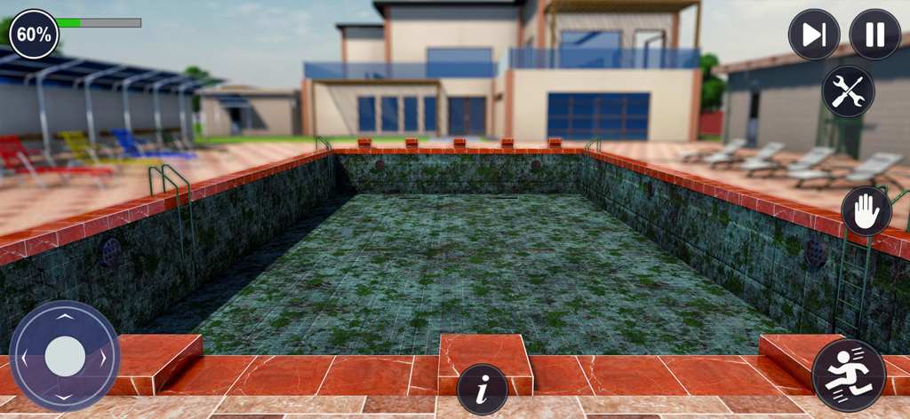 Swimming Pool Cleaning Games - Empty swimming pool covered in green moss and dirt in a cleaning simulator
