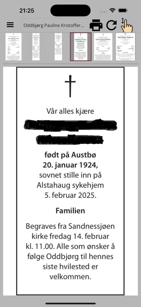 Écran de nécrologie numérique dans l'application HBlad montrant un avis de décès local norvégien avec les détails des funérailles.