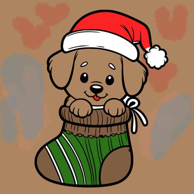 cute puppy wearing santa hat in socking